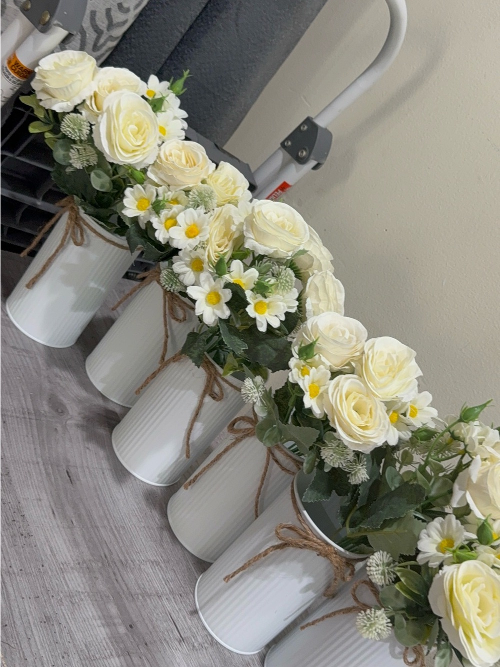 Cream Rose and White Daisy Faux Floral in White Ceramic Vase set of 12 piec